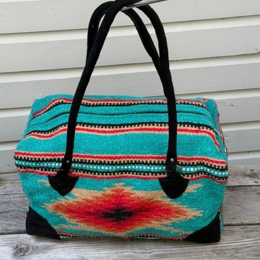 Southwestern Wool Saddle Blanket Duffle Bag Teal Red Geometric Weekender Tote